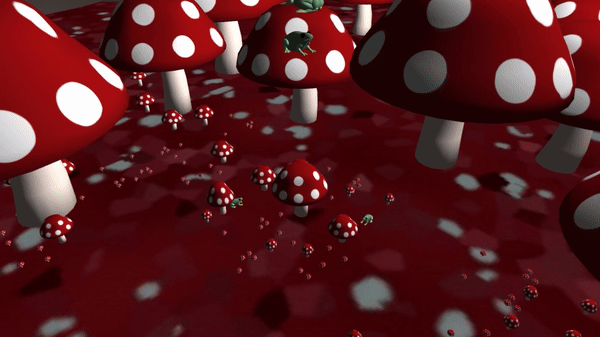 A gif of a frog jumping on a mushroom in an environment of red mushrooms and frogs. It zooms in on the frog, then zooms out to see a corgi is running circles around the frog.
