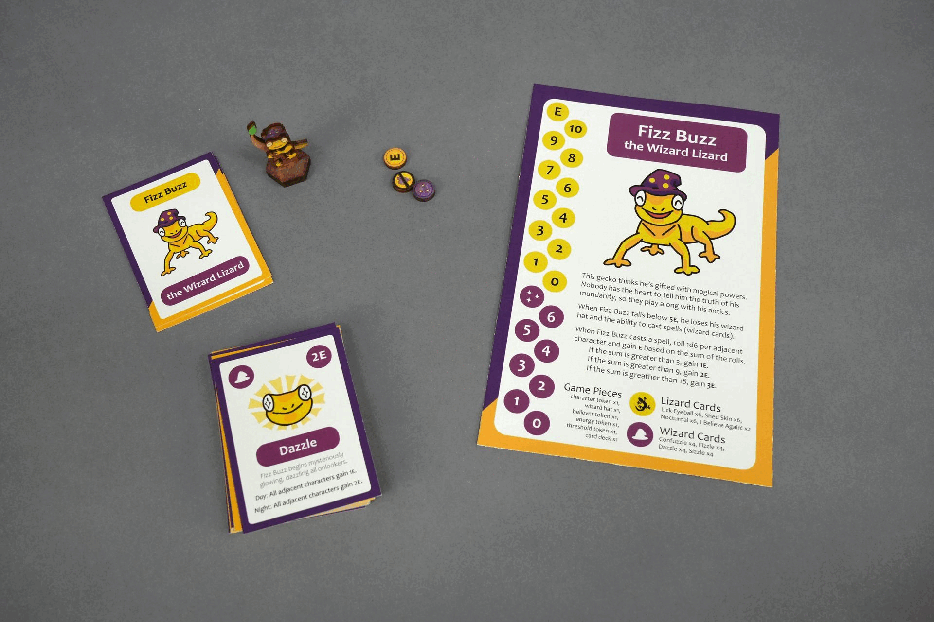 This gif swaps between several photos. They include a wooden character piece of a yellow gecko sitting on a tree wearing a purple wizard hat. The gecko, dubbed Fizz Buzz the Wizard Lizard, has an associated character card and character information sheet, along with cards and tracker tokens.