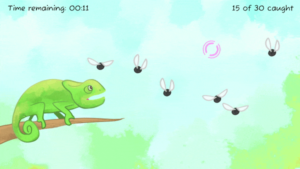 Screenshot of game with chameleon sitting on a branch with a caught bug on the end of its tongue. There are six other flying bugs on screen, and two concentric pink circles represent the cursor. The top left corner reads 'Time remaining: 00:23' and the top right reads '5 of 30 caught'. The background is a light blue and green watercolor texture.